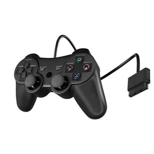 XYAB brand 1-to-1 third-party wired controller for PlayStation 2 in black featuring analog sticks, directional pad, action buttons, and dual shoulder buttons