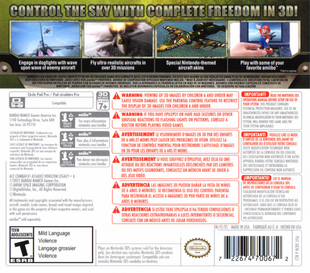 Ace Combat: Assault Horizon Legacy+ back of case for Nintendo 3DS (3DS) flight combat simulation video game