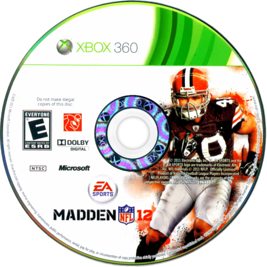 Madden NFL 12 disc for Xbox 360 (X360) sports football video game
