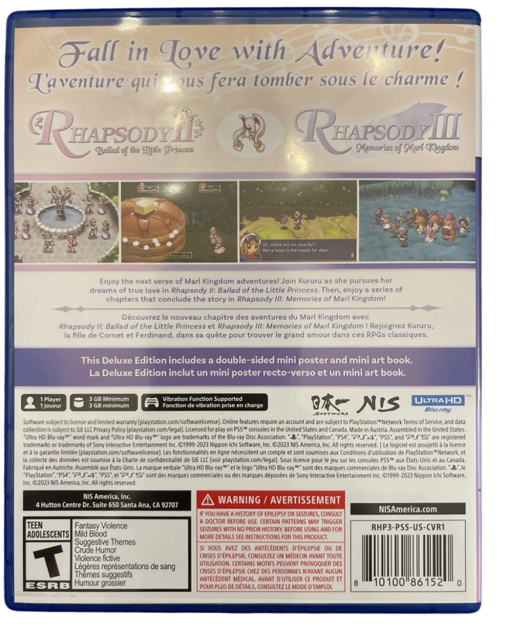Rhapsody: Marl Kingdom Chronicles Deluxe Edition for PlayStation 5 – complete PS5 RPG set with special packaging and original anime-style cover art back cover