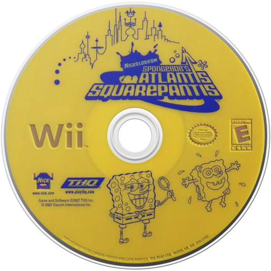 SpongeBob’s Atlantis SquarePantis for Nintendo Wii, disc for an action-adventure party video game with SpongeBob characters, mini-games, platforming challenges, and family-friendly cartoon gameplay