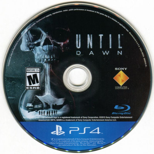 Until Dawn – PlayStation 4 (PS4) video game disc, cinematic horror adventure game.
