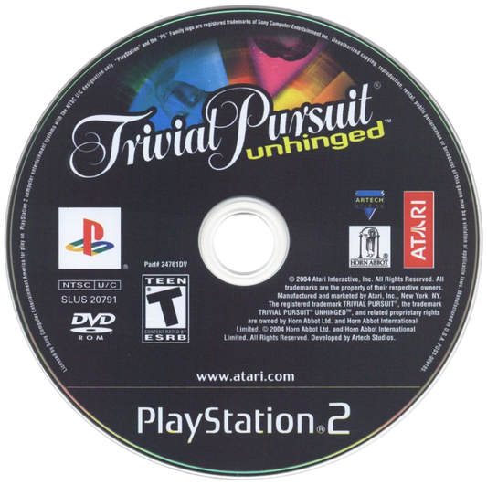 Trivial Pursuit: Unhinged – PlayStation 2 (PS2) video game disc, party trivia game.