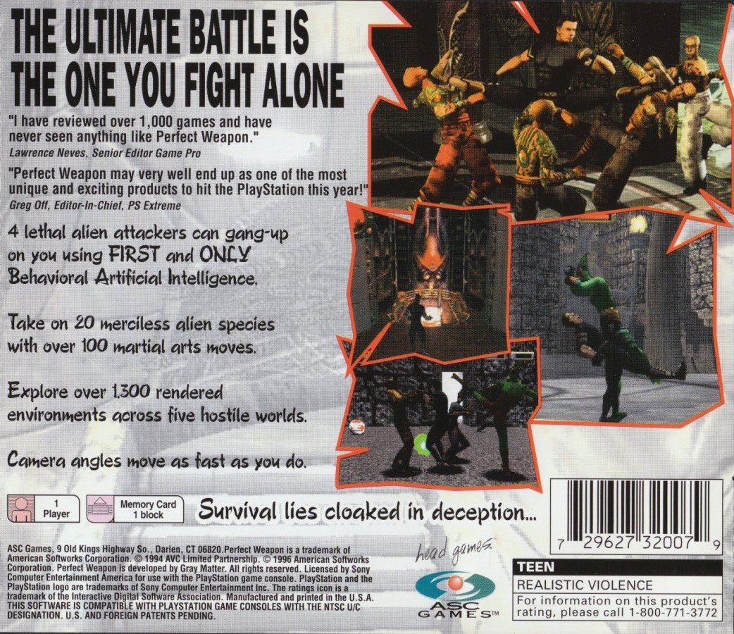 Perfect Weapon action-adventure video game for the original Sony PlayStation (PS1), featuring a powerful warrior battling enemies through futuristic environments, using melee attacks, weapons, special abilities, and fast-paced combat while exploring dangerous levels and taking on challenging bosses back cover art