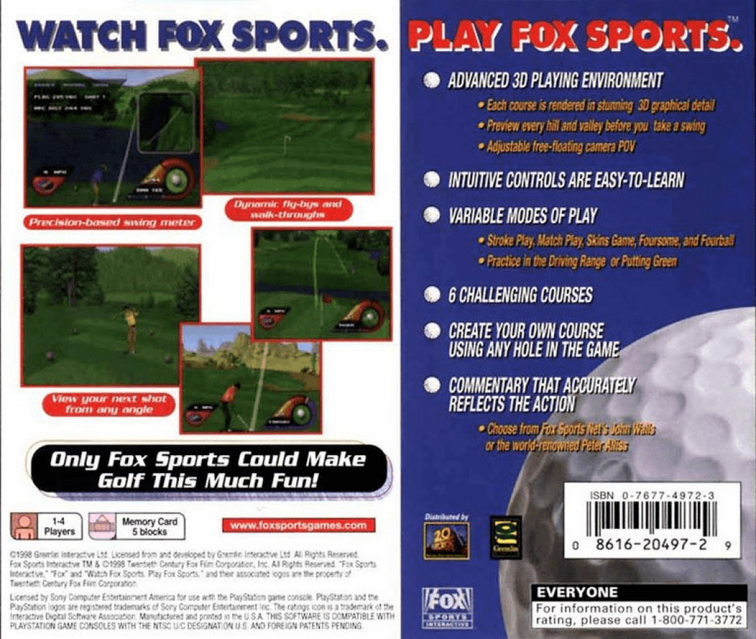 Fox Sports Golf '99 back of case for PlayStation 1 (PS1) retro golf video game
