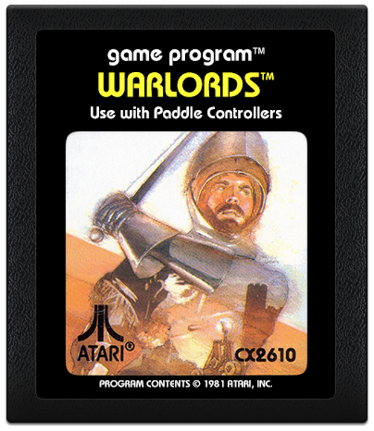 Warlords for Atari 2600 with classic castle-defense and multiplayer paddle action theme cartridge