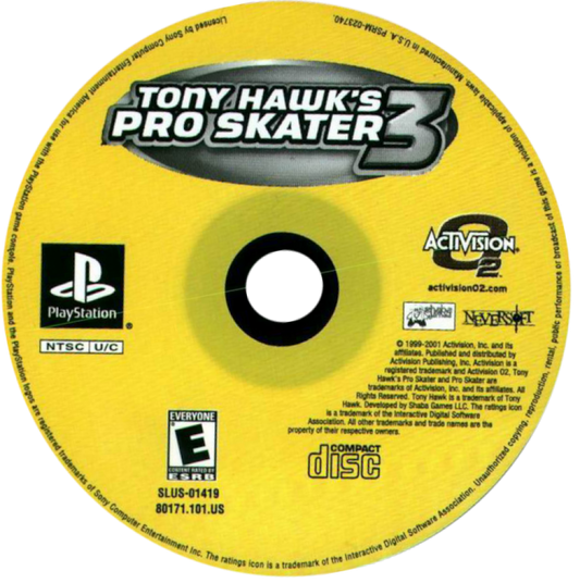 Tony Hawk’s Pro Skater 3 disc art PlayStation 1 PS1 video game, skateboarding sports action, trick-based gameplay, extreme sports classic