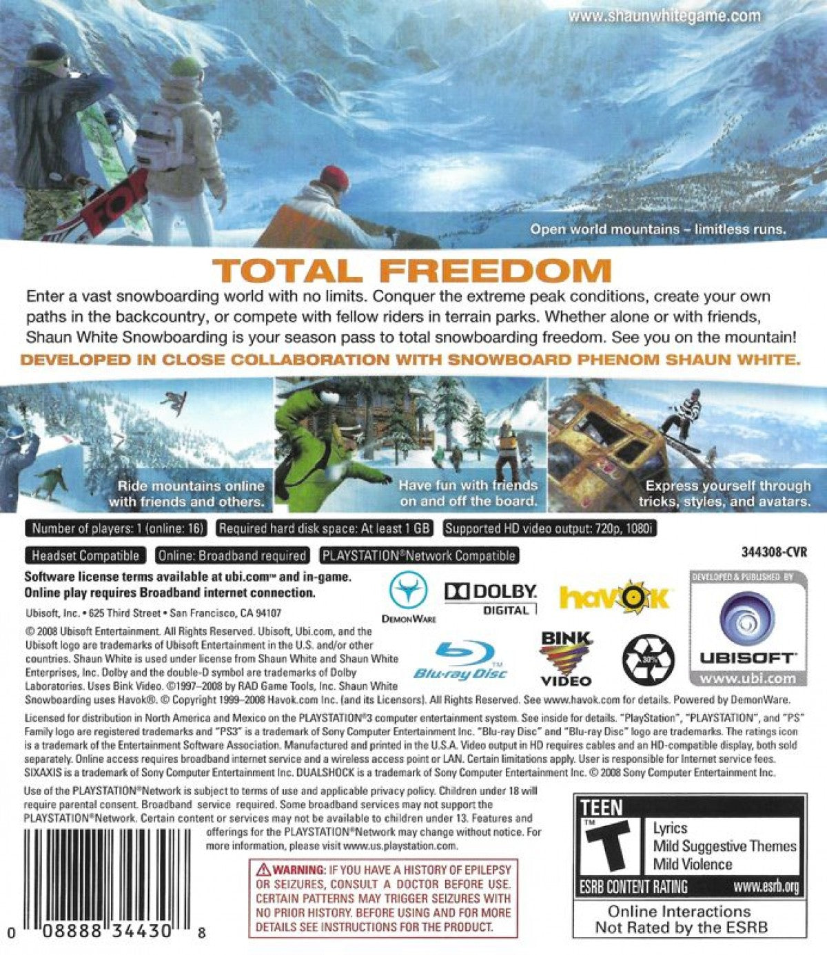 Shaun White Snowboarding PlayStation 3 PS3 video game, extreme sports, snowboarding action, open-mountain gameplay, Ubisoft title back cover