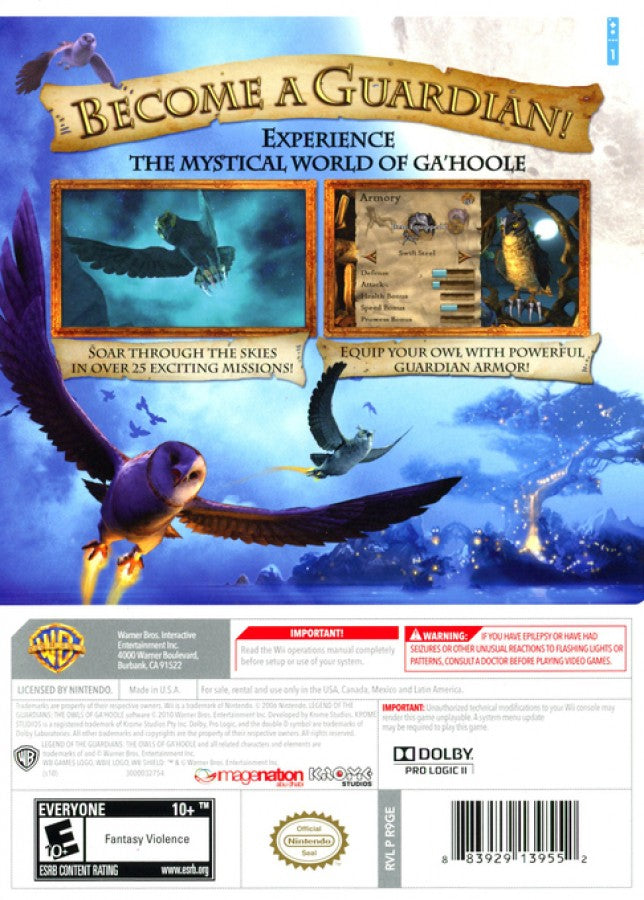 Legend of the Guardians The Owls of Ga'Hoole Nintendo Wii Wii video game featuring action adventure gameplay owl flight aerial combat fantasy environments exploration enemy battles story driven missions and classic Nintendo Wii gameplay retro video game collection collectible gaming appeal back cover art
