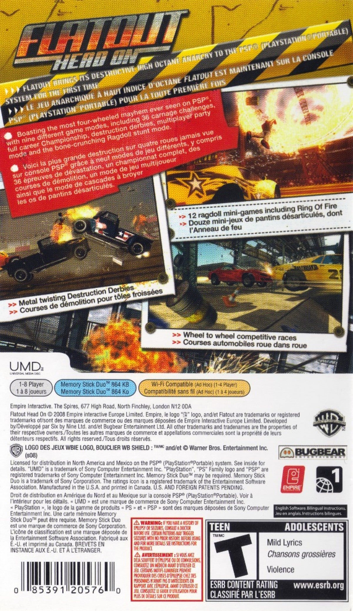 FlatOut Head On PSP inspired design featuring demolition racing action aesthetic high speed crashes destructive derby competition chaotic vehicle combat arcade style racing intense stunts explosive motorsport gameplay handheld gaming presentation back cover