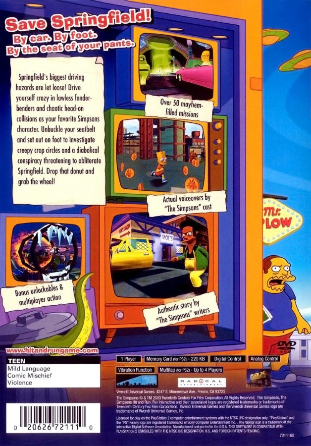 The Simpsons: Hit and Run back cover art for Playstation 2 (PS2) video game