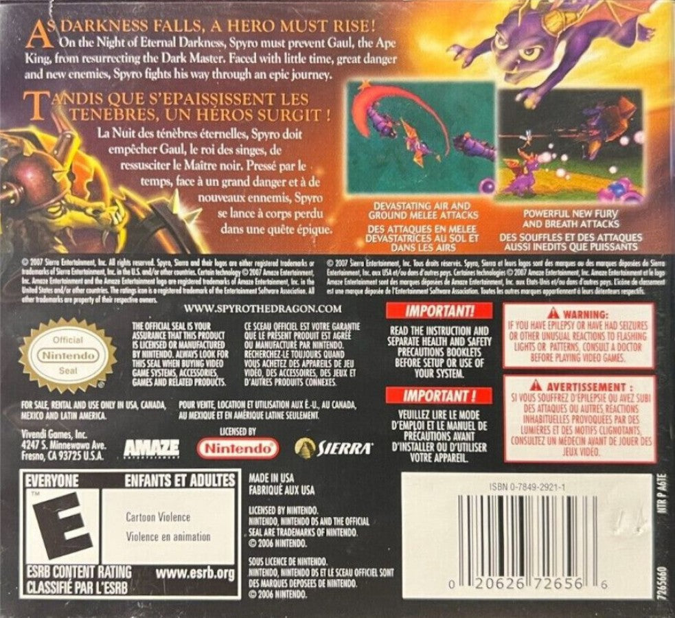 The Legend of Spyro The Eternal Night Nintendo DS inspired design featuring fantasy dragon adventure aesthetic magical powers epic battles mystical realms platform action gameplay heroic quest immersive handheld gaming presentation back cover