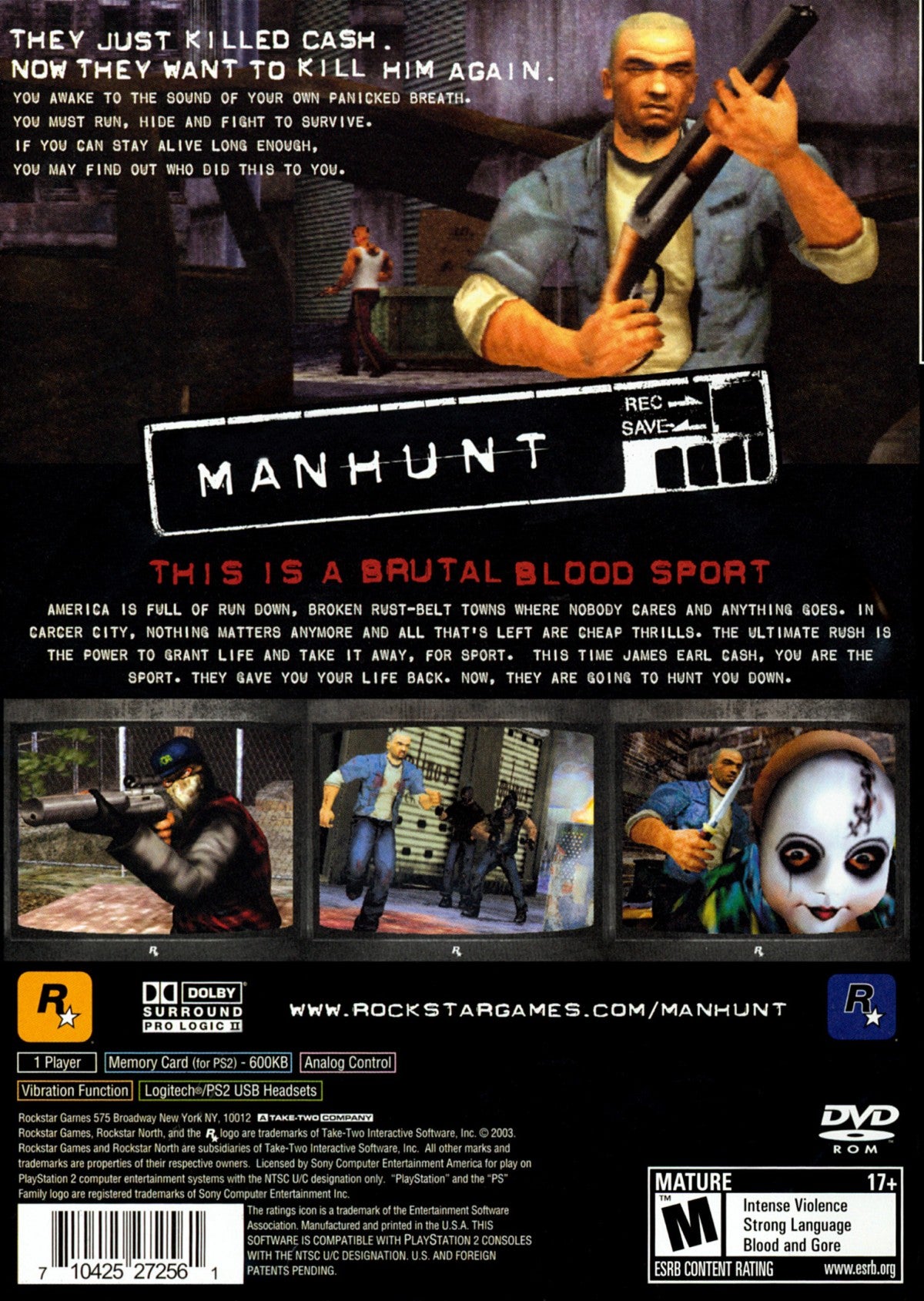 Manhunt back cover art for PlayStation 2 (PS2) video game