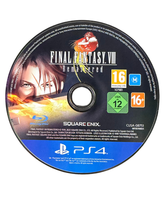 Final Fantasy VIII Remastered game for the PlayStation 4 featuring enhanced visuals turn based RPG gameplay character driven storylines and quality of life improvements following Squall and SeeD in a futuristic fantasy world disc