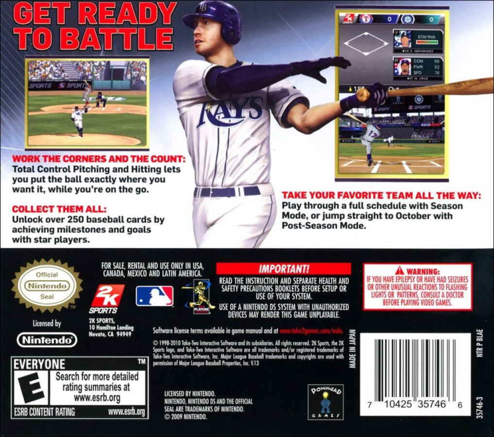 Major League Baseball 2K10 Nintendo DS for retro video game enthusiasts featuring baseball sports gameplay season mode batting pitching fielding mechanics team management features portable handheld controls and collectible gaming appeal back cover