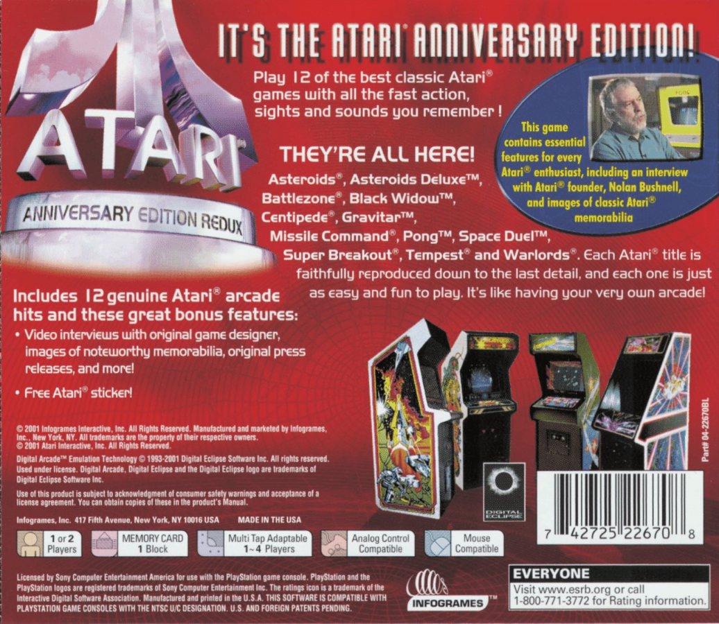 Atari Anniversary Redux back of case for PlayStation 1 PS1 retro video game