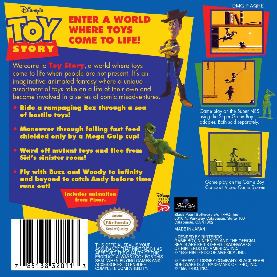 Toy Story for Game Boy (GB) at Gamers INC, featuring classic side-scrolling platform action inspired by the beloved Pixar film, where you play as Woody through varied levels packed with enemies, puzzles, and challenging jumps, delivering a nostalgic handheld adventure that brings the movie’s charm to retro gaming on the go back cover