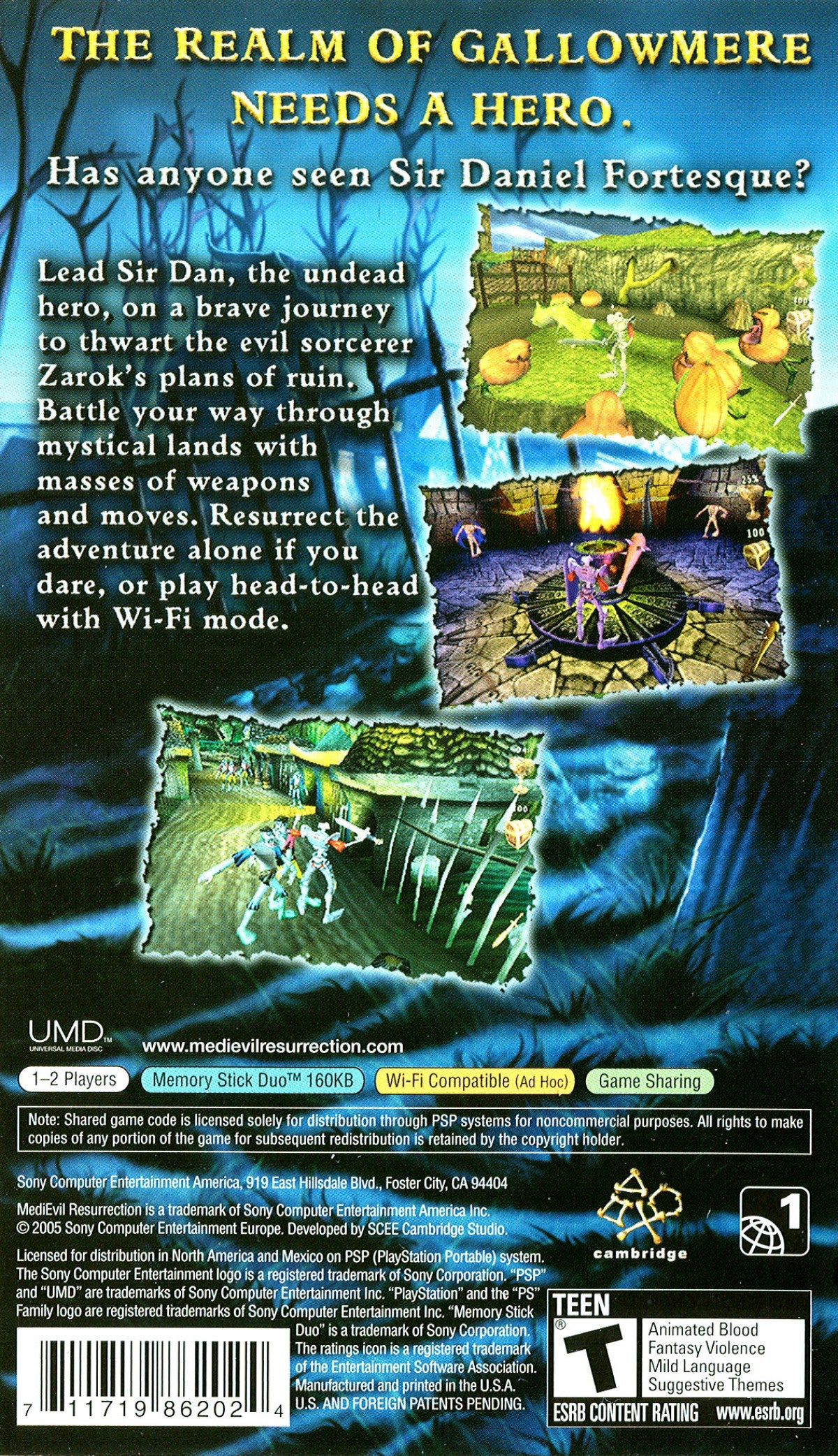 MediEvil Resurrection PlayStation Portable PSP inspired design featuring gothic action adventure aesthetic skeletal knight hero Sir Daniel Fortesque undead kingdom exploration hack and slash combat darkly humorous storytelling and spooky medieval fantasy presentation back cover