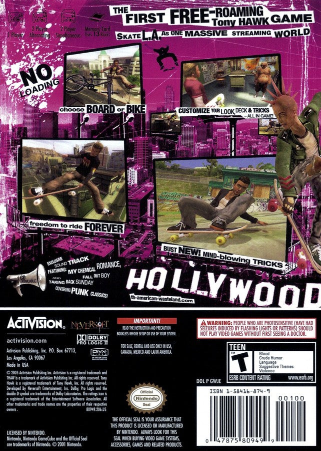 Back cover art for Tony Hawks American Wasteland GameCube GC video game, skateboarding, extreme sports, tricks and stunts, open world, multiplayer, Nintendo GameCube classic