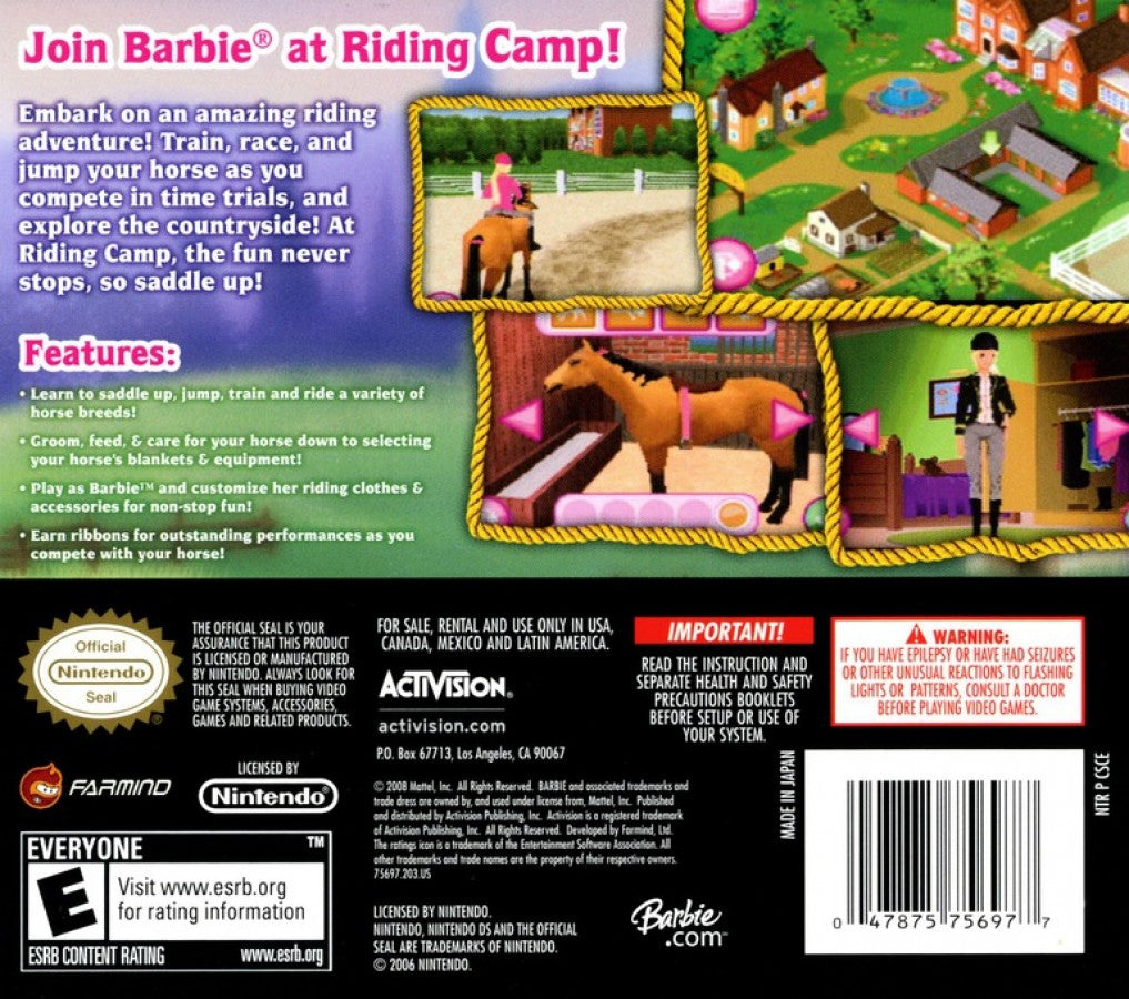 Barbie Horse Adventures Riding Camp for Nintendo DS (DS), back of box for a retro video game featuring horse riding simulation gameplay, stable management, training challenges, exploration, and family-friendly equestrian adventures
