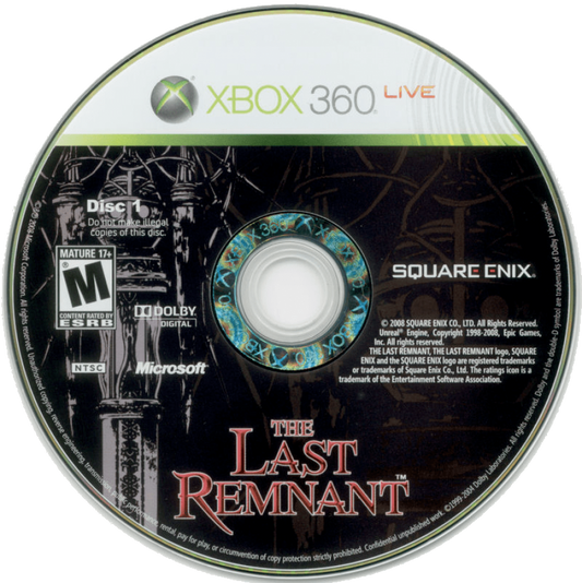The Last Remnant disc 1 for Xbox 360 (X360) role-playing video game