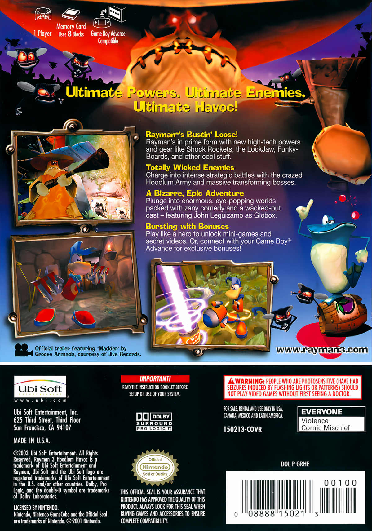 Rayman 3: Hoodlum Havoc retro GameCube video game Rayman 3 Hoodlum Havoc platform adventure cartoon style action colorful worlds classic 3D platformer console release back cover