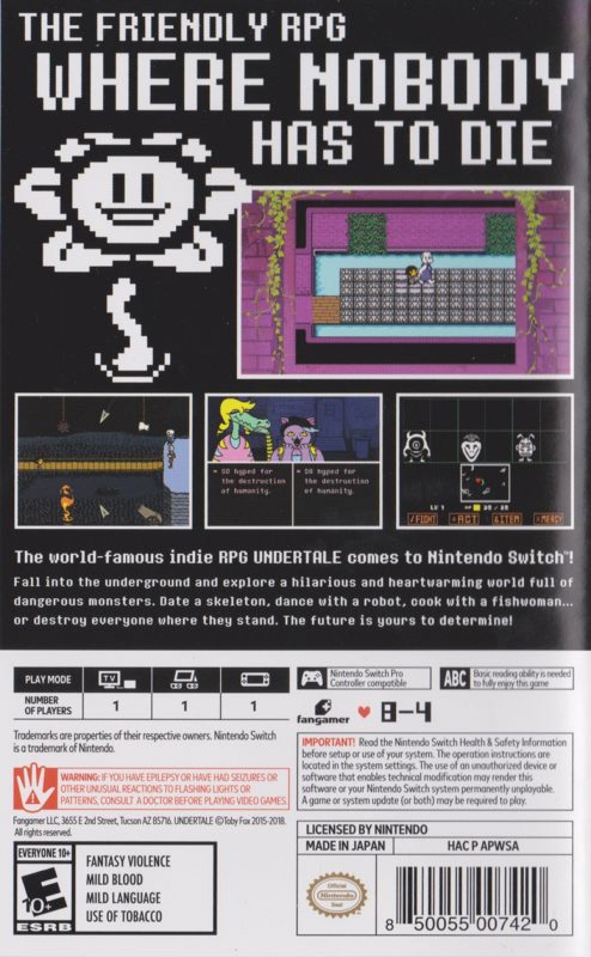 Undertale Nintendo Switch inspired design featuring beloved indie role playing adventure aesthetic charming pixel art world memorable characters choice driven storytelling unique turn based encounters emotional narrative and exploration gameplay presentation back cover