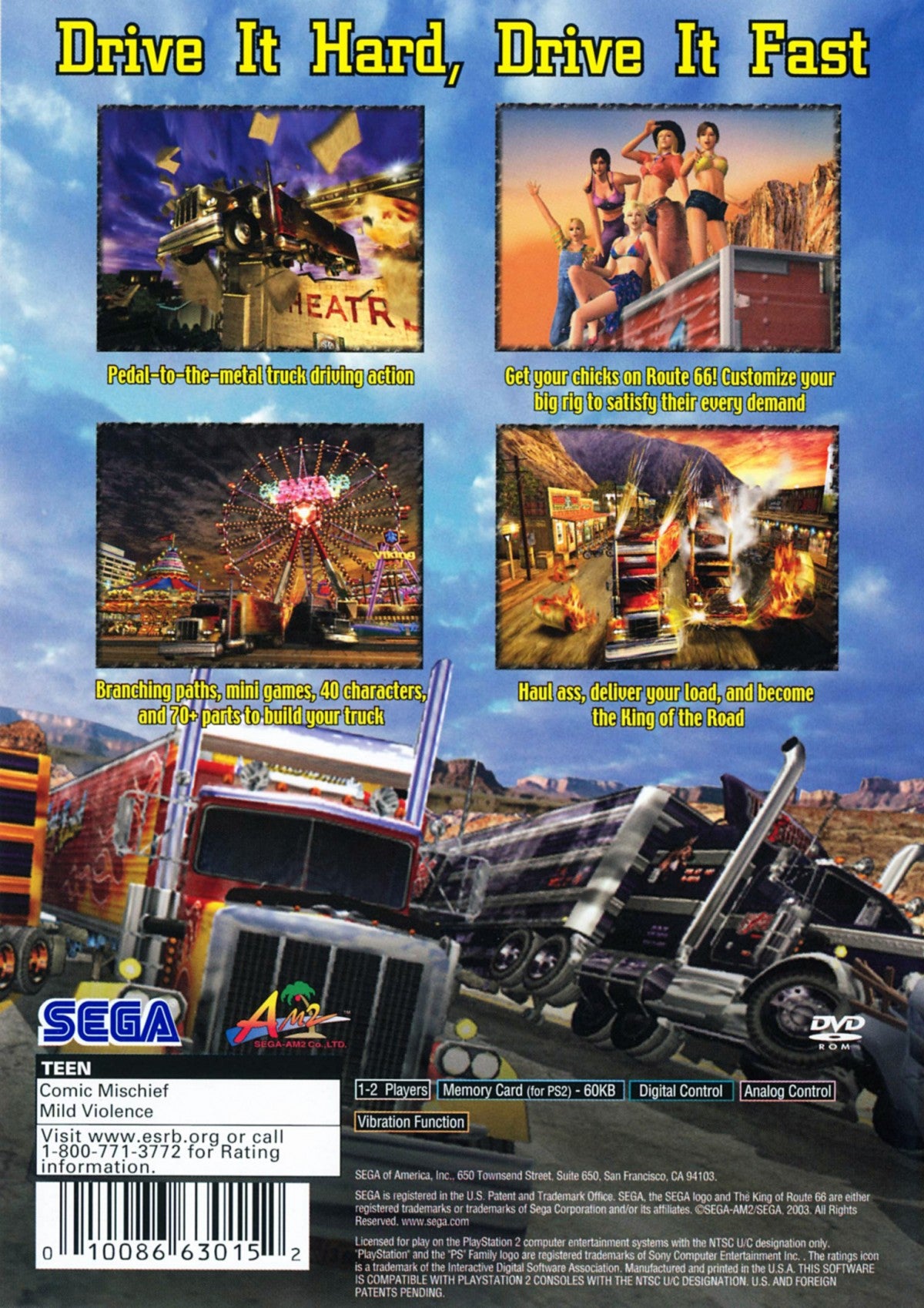 King of Route 66 PS2 Sony PlayStation 2 arcade driving game truck racing semi truck road combat delivery missions highway driving USA Route 66 arcade style gameplay SEGA retro gaming PlayStation 2 software video game title back cover art
