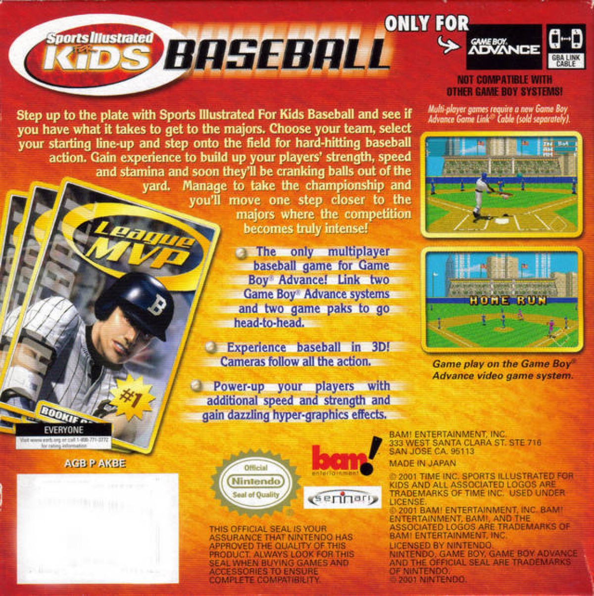 Sports Illustrated for Kids Baseball Game Boy Advance GBA video game, kid-friendly baseball sports gameplay, handheld console title back cover art