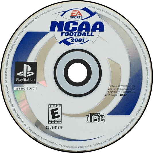 NCAA Football 2001 PlayStation 1 PS1 video game, college football sports simulation, realistic gameplay, team management and multiplayer modes, console title disc