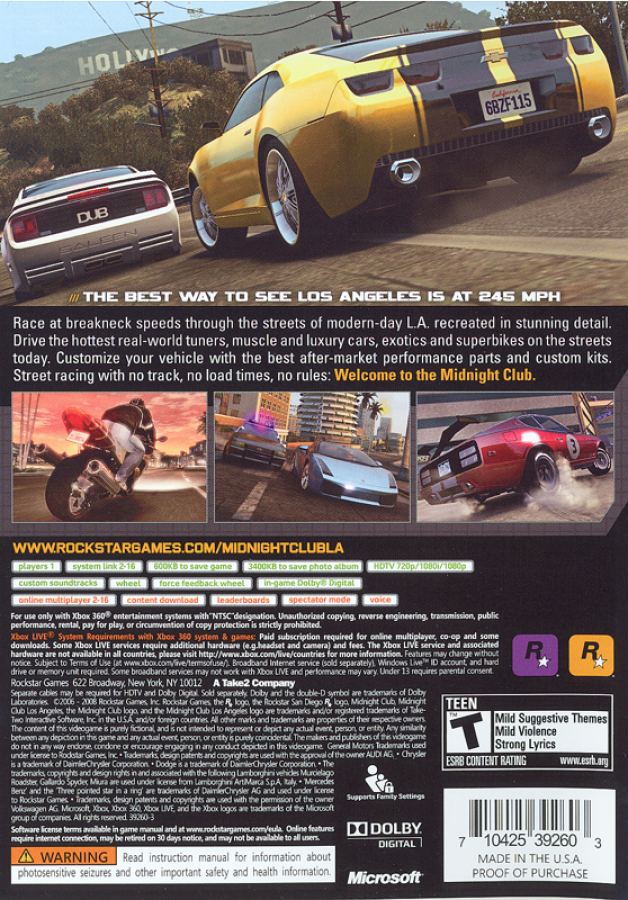 LocalID_61582Midnight Club Los Angeles Xbox 360 street racing game open world driving Rockstar Games urban racing customizable cars motorcycles high speed arcade racing city streets multiplayer racing Xbox 360 software video game title back art