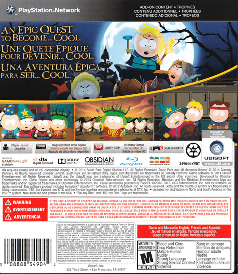 South Park: The Stick of Truth back cover art for PlayStation 3 (PS3) video game