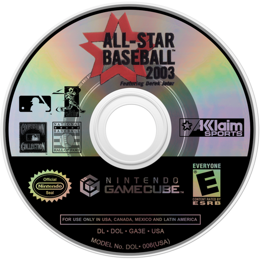 All-Star Baseball 2003 disc art for GameCube game featuring realistic baseball simulation gameplay and official MLB teams