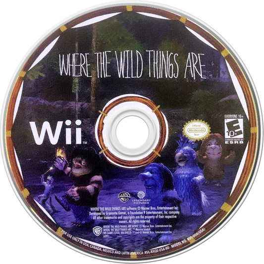 Where the Wild Things Are disc art for Nintendo Wii (Wii) featuring action‑adventure gameplay inspired by the classic story, with exploration, platforming, and creature‑filled environments.