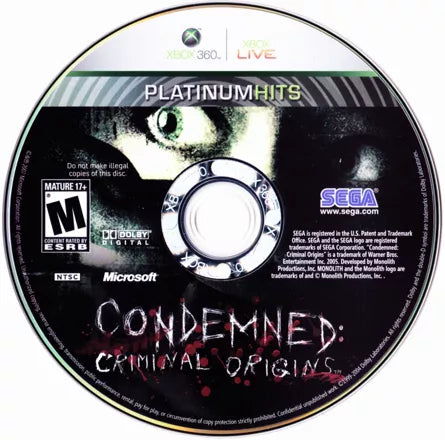Condemned Criminal Origins Platinum Hits for Xbox 360 first person survival horror video game featuring forensic investigation melee combat intense psychological terror and dark atmospheric crime thriller gameplay experience disc