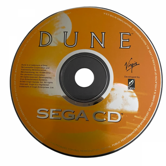 Dune Sega CD strategy adventure game real time strategy exploration Arrakis spice harvesting Frank Herbert sci fi Dune universe political intrigue house Atreides gameplay cinematic cutscenes retro gaming Sega CD software video game title disc