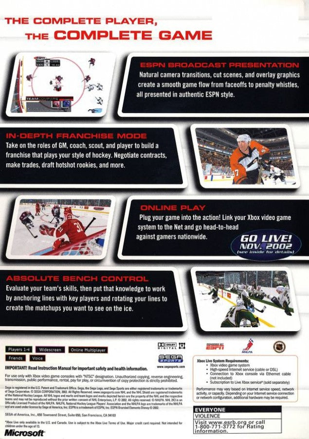 NHL 2K3 for Xbox with official NHL teams and hockey simulation visuals gameplay back cover art