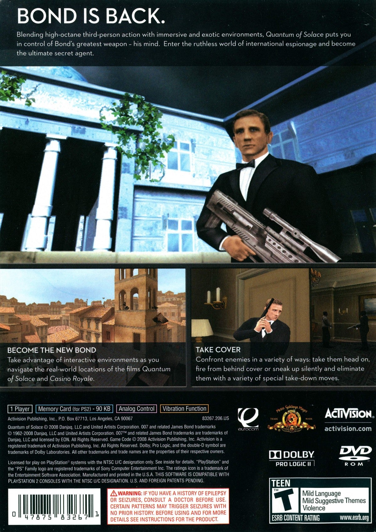 007 Quantum of Solace PS2 Sony PlayStation 2 first person shooter FPS James Bond spy action game movie tie in stealth combat espionage missions Daniel Craig storyline Activision shooter gameplay retro gaming PlayStation 2 software video game title back cover art
