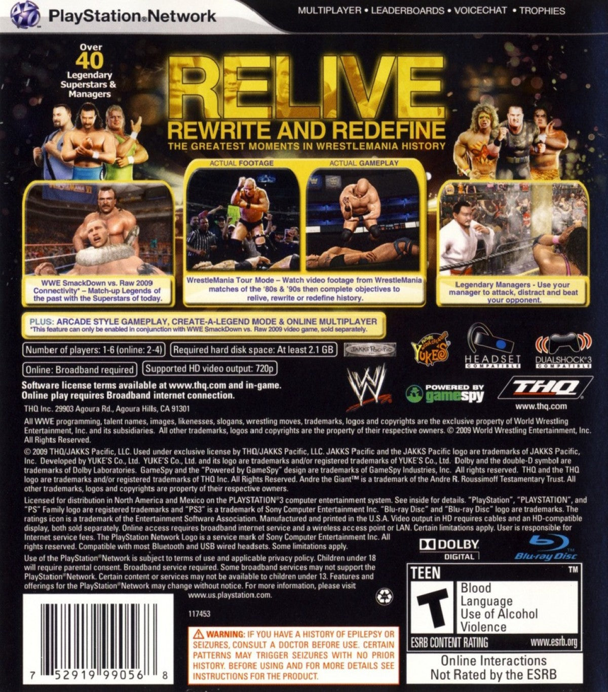 WWE Legends of WrestleMania PlayStation 3 PS3 for wrestling video game fans featuring legendary WWE superstars classic matches arcade style gameplay iconic finishing moves exhibition and tournament modes nostalgic sports entertainment collectible gaming appeal back cover