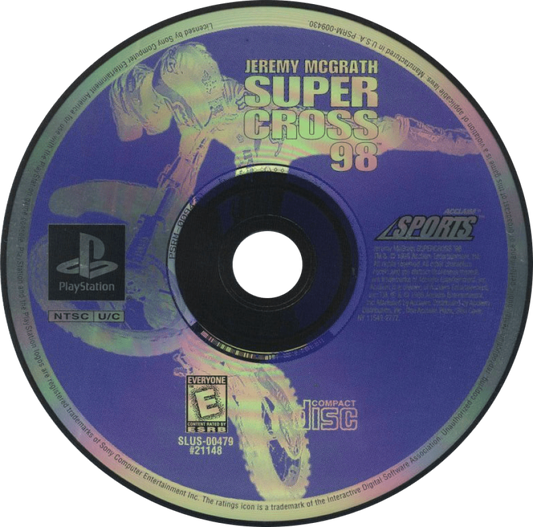 Jeremy McGrath Supercross 98 PlayStation PS1 for motocross racing video game fans featuring off road motorcycle racing realistic supercross tracks high speed competition championship modes trick riding authentic motocross action multiplayer gameplay collectible gaming appeal game disc