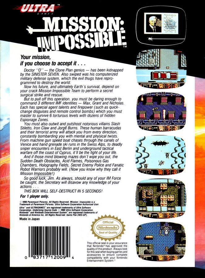Mission Impossible Complete in Box CIB Nintendo Entertainment System NES for retro video game enthusiasts featuring action adventure gameplay secret agent missions puzzle solving stealth elements movie inspired challenges classic 8 bit gameplay complete in box collectible gaming appeal back cover