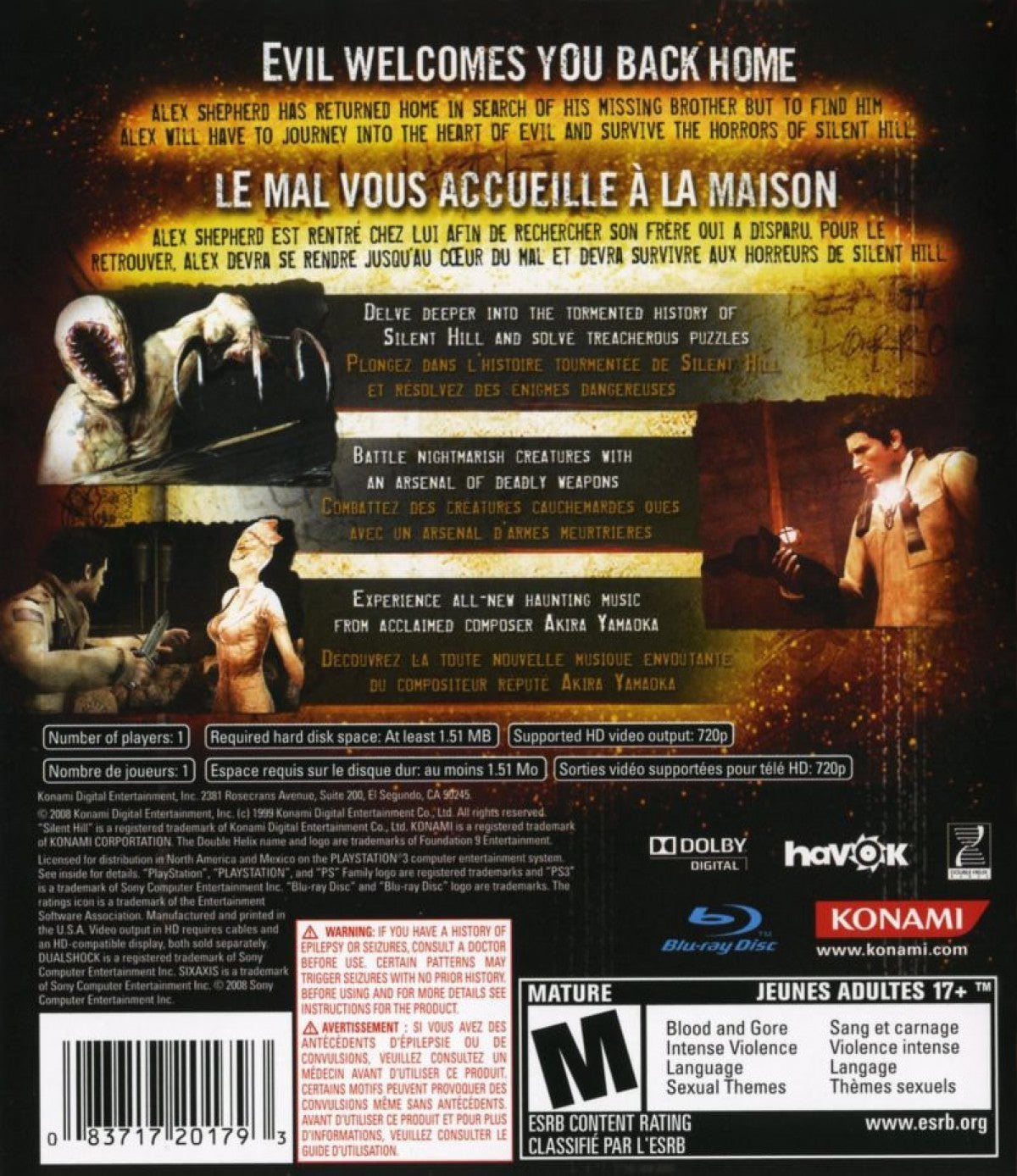Silent Hill Homecoming PlayStation 3 PS3 survival horror video game featuring Alex Shepherd dark atmospheric environments psychological horror terrifying monsters combat exploration disturbing mysteries puzzle solving eerie locations and classic PlayStation 3 PS3 gameplay collectible gaming appeal back cover art