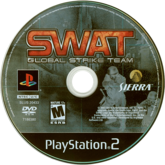 SWAT: Global Strike Team PS2 tactical shooter video game featuring squad-based law enforcement action, real-world weapons, mission-based objectives, hostage rescue scenarios, strategic team commands, cooperative play options, and realistic police-tactical gameplay on PlayStation 2. disc