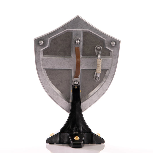 Hylian Shield 12 inch statue by First 4 Figures detailed Legend of Zelda collectible featuring iconic Hylian crest battle ready shield design and premium high quality display piece for fans of Nintendo fantasy adventure franchise back view