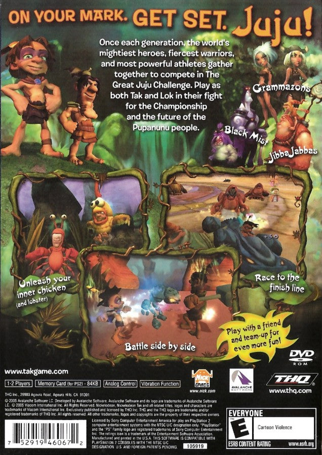 Tak The Great Juju Challenge PS2 Sony PlayStation 2 action adventure platformer cooperative gameplay Tak and Lok jungle challenges mini games puzzle solving cartoon style family friendly Nickelodeon retro gaming PlayStation 2 software video game title back cover art