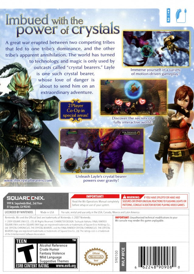 Final Fantasy Crystal Bearers Nintendo Wii cover art for retro video game enthusiasts featuring fantasy action adventure gameplay magical powers real time combat mechanics crystal themed world exploration story driven quests unique physics based interactions and immersive role playing gaming experience and collectible gaming appeal rear art
