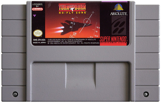 Turn and Burn No Fly Zone Super Nintendo Entertainment System inspired design featuring military flight combat simulation aesthetic high speed jet fighter action aerial dogfights mission based warfare cockpit gameplay classic 16 bit aviation adventure presentation cartridge