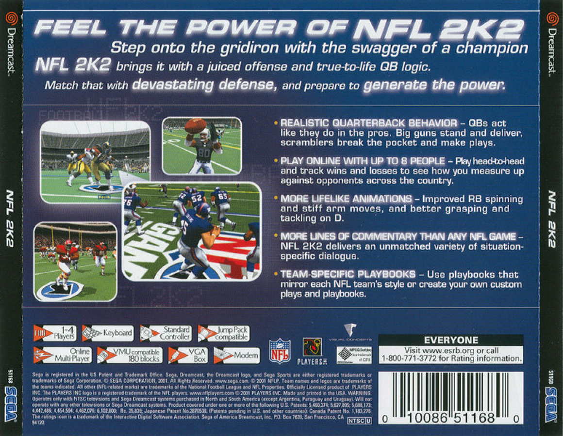 NFL 2K2 back cover art for Sega Dreamcast (DC) video game
