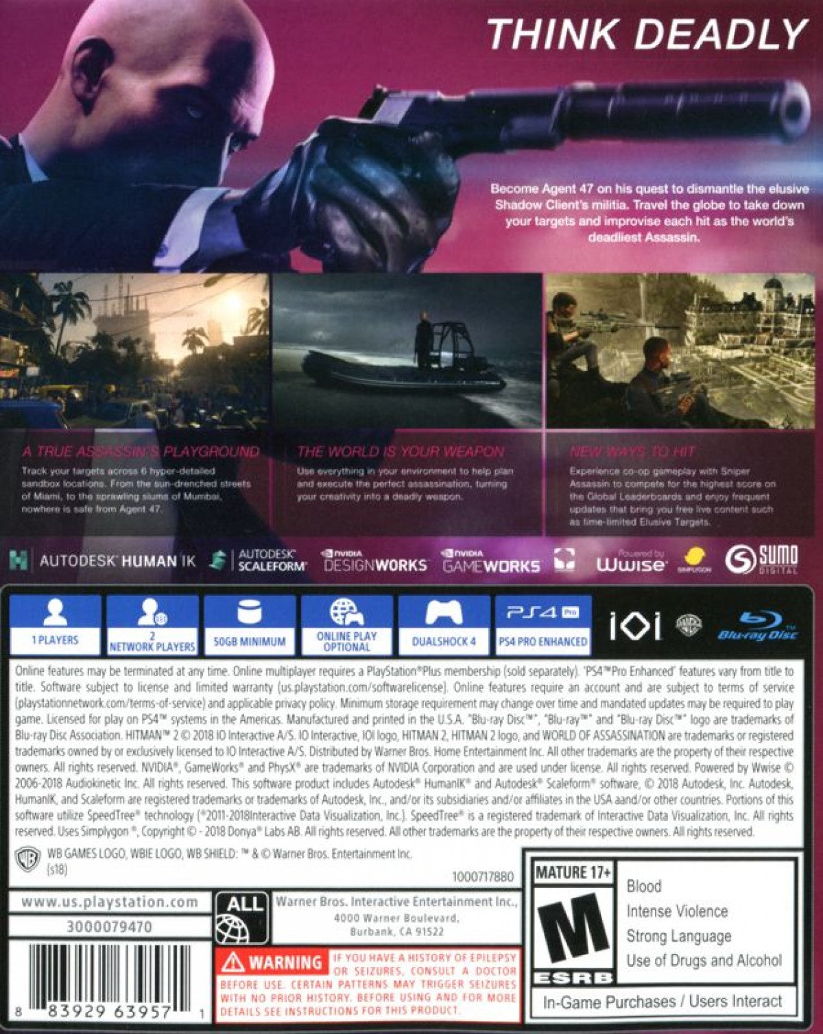 Hitman 2 – PlayStation 4 (PS4) video game back of case, stealth action title published by Warner Bros. Interactive Entertainment