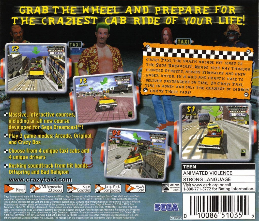 Crazy Taxi Sega All-Stars Edition Dreamcast featuring high-speed arcade driving gameplay with iconic city taxi back cover art